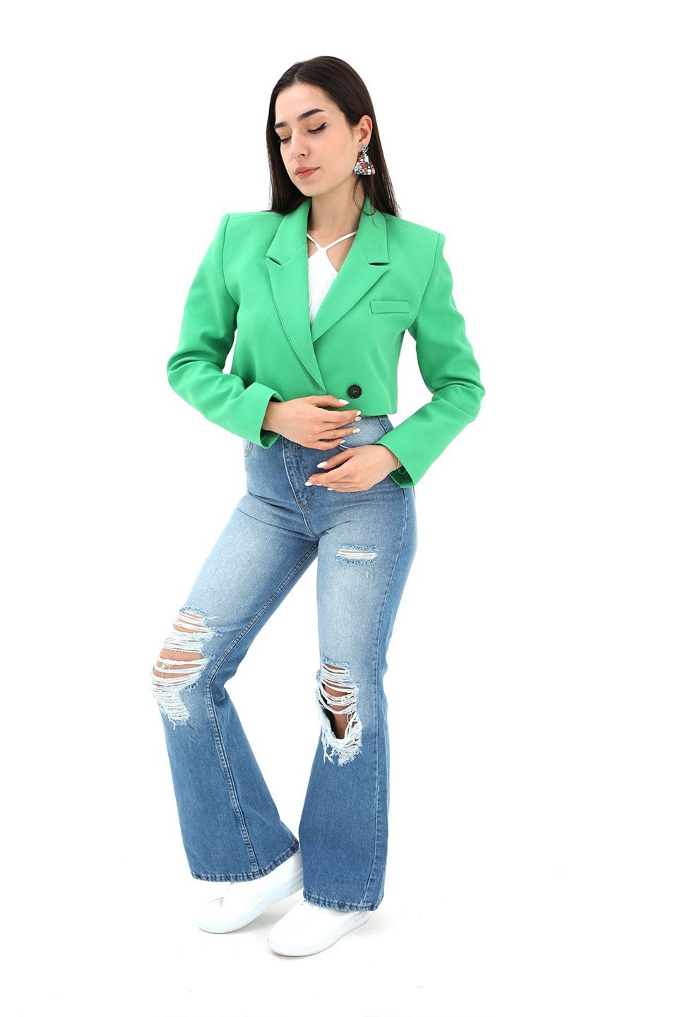 Crop Blazer Kısa Ceket - Yeşil