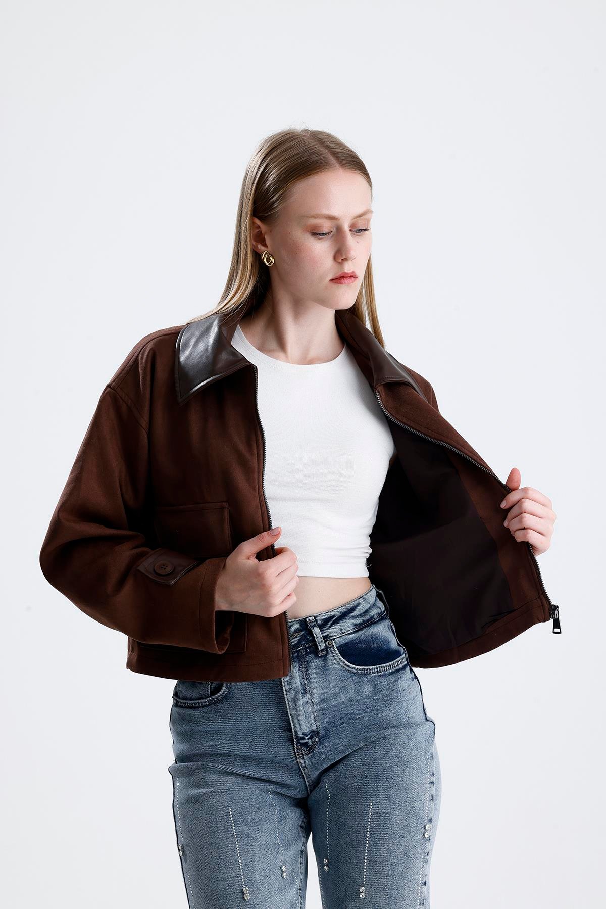 Deri Detaylı Fermuarlı Kısa Süet Ceket - Kahverengi