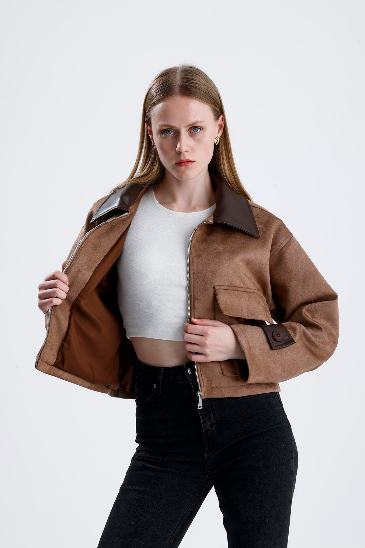 Deri Detaylı Fermuarlı Kısa Süet Ceket - Vizon