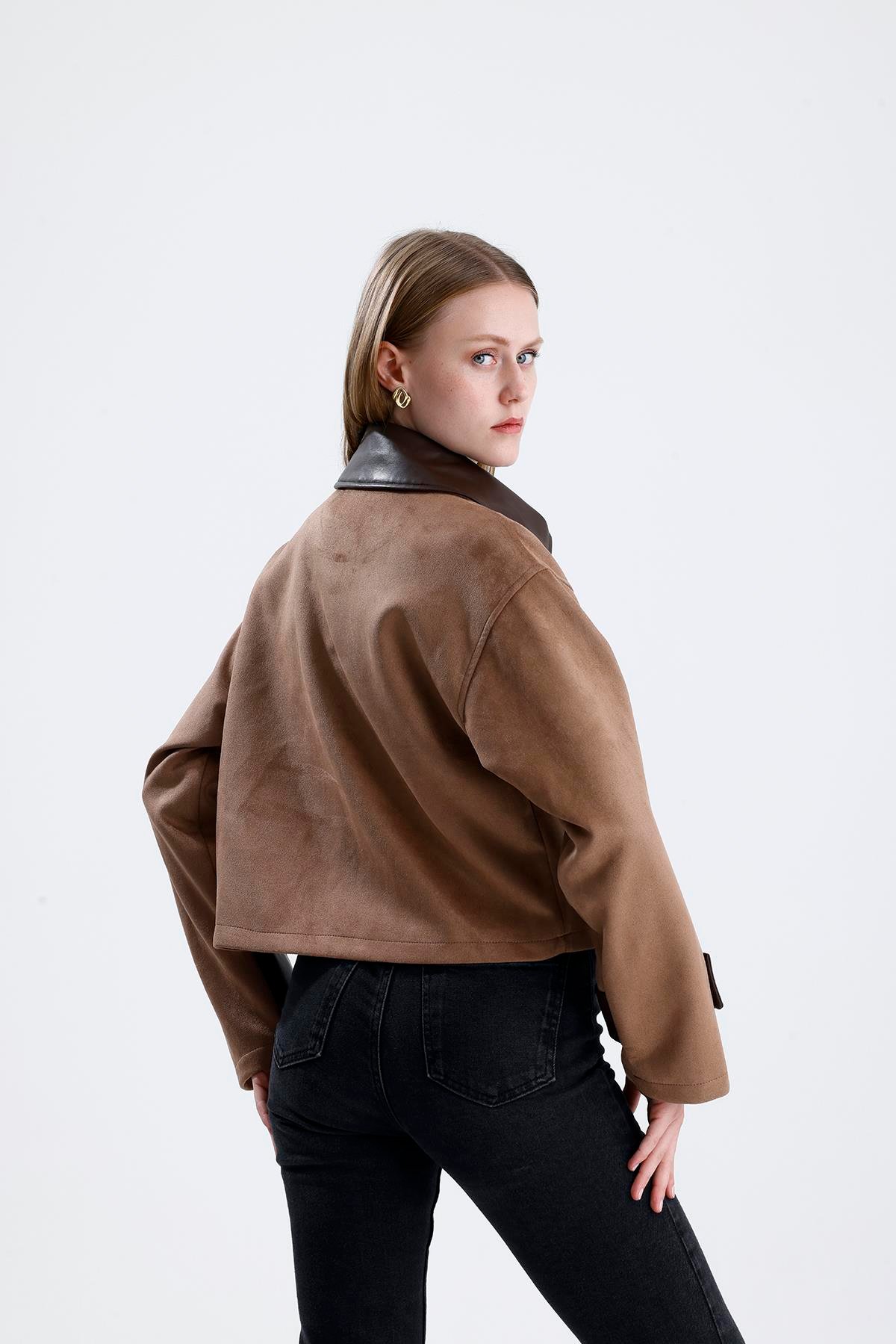 Deri Detaylı Fermuarlı Kısa Süet Ceket - Vizon