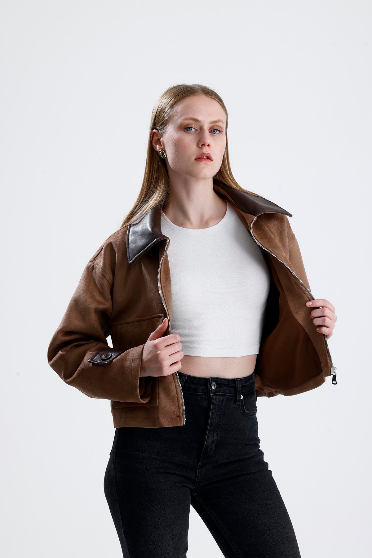 Deri Detaylı Fermuarlı Kısa Süet Ceket - Vizon