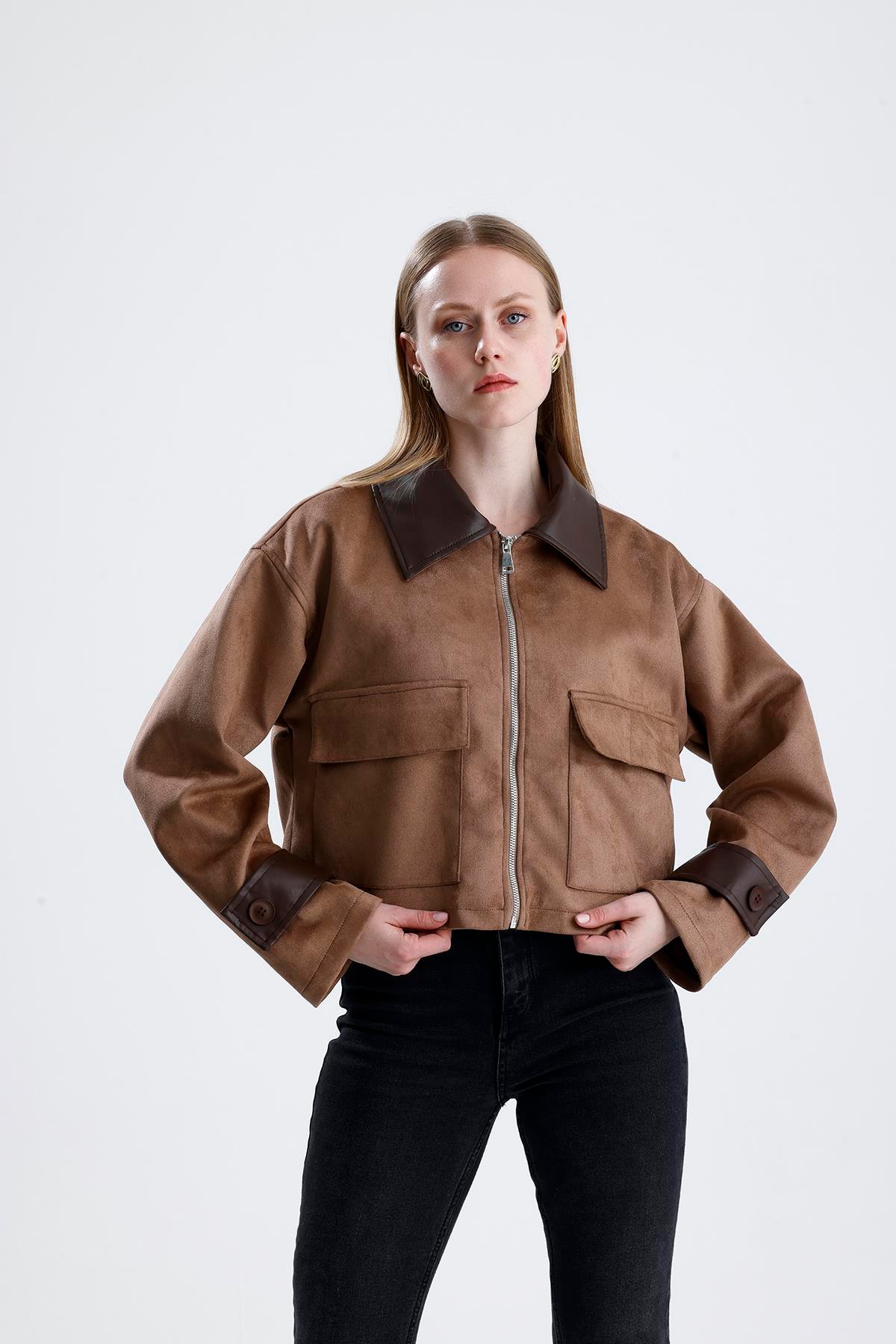 Deri Detaylı Fermuarlı Kısa Süet Ceket - Vizon