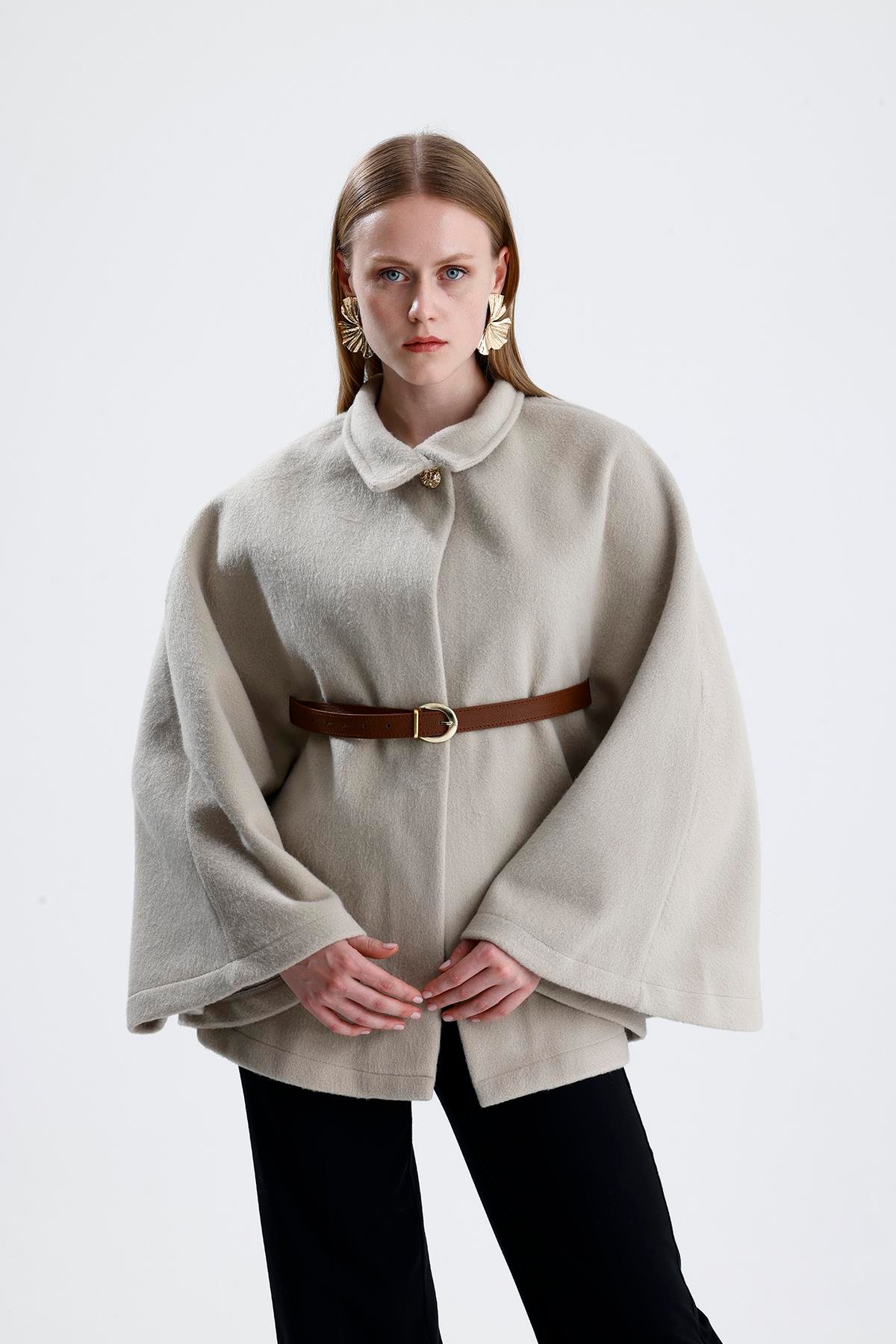 Deri Kemerli Kaşe Panço - Bej