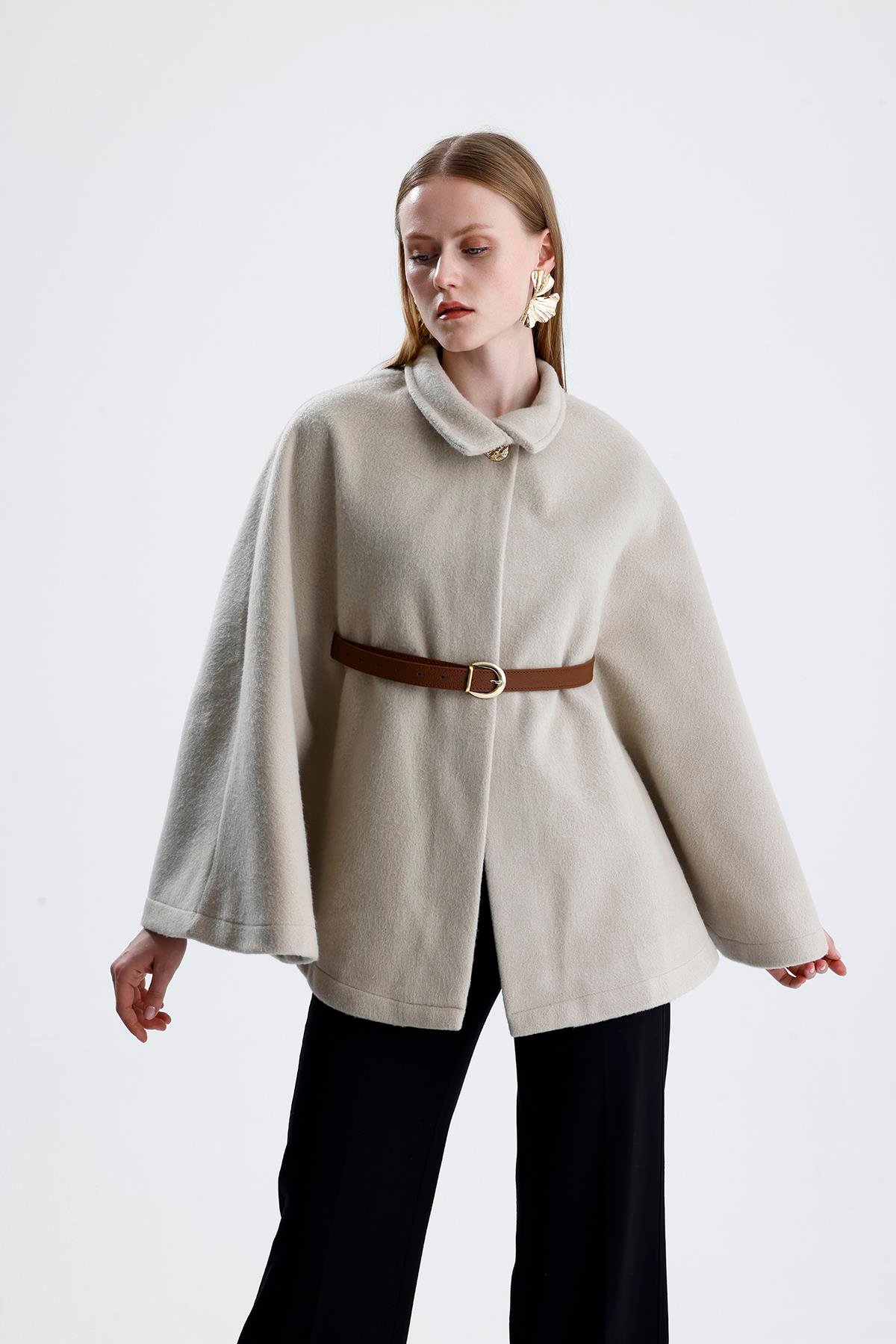 Deri Kemerli Kaşe Panço - Bej