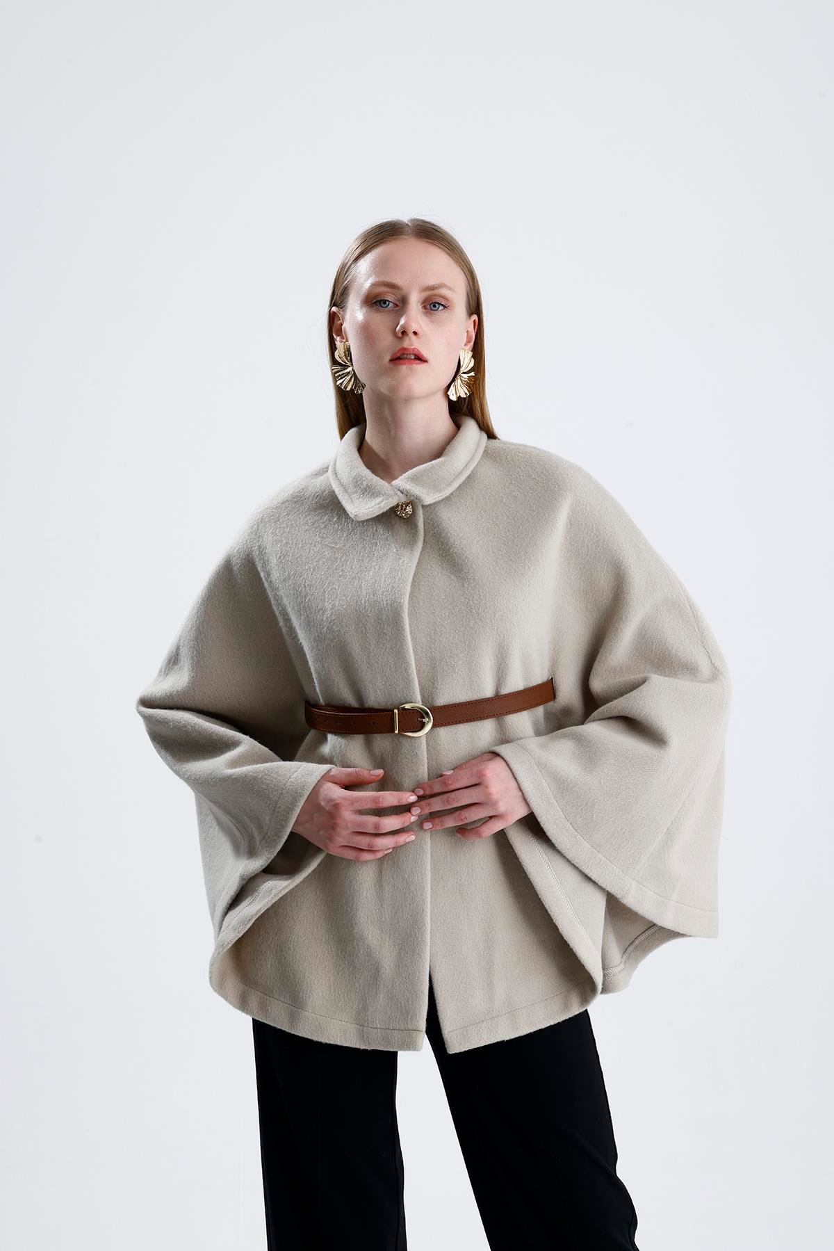 Deri Kemerli Kaşe Panço - Bej