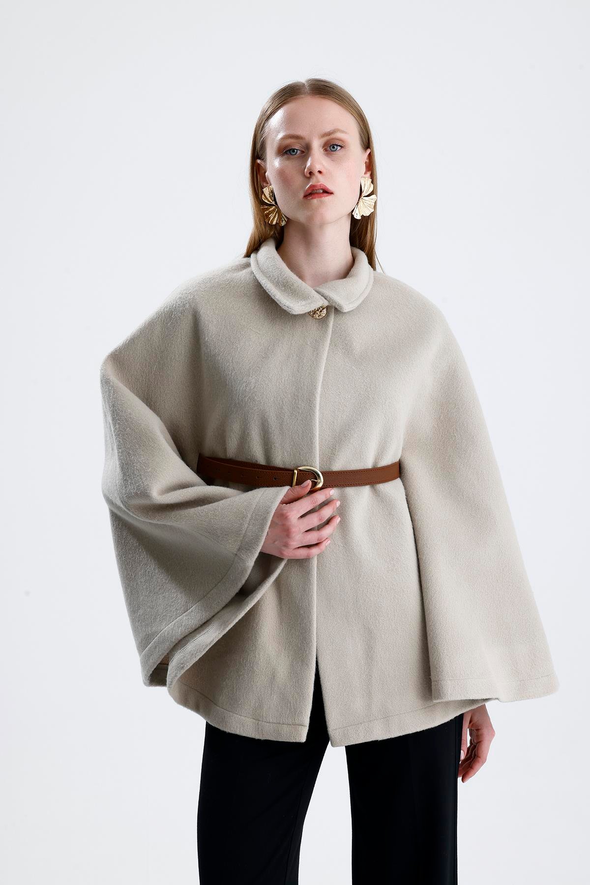 Deri Kemerli Kaşe Panço - Bej