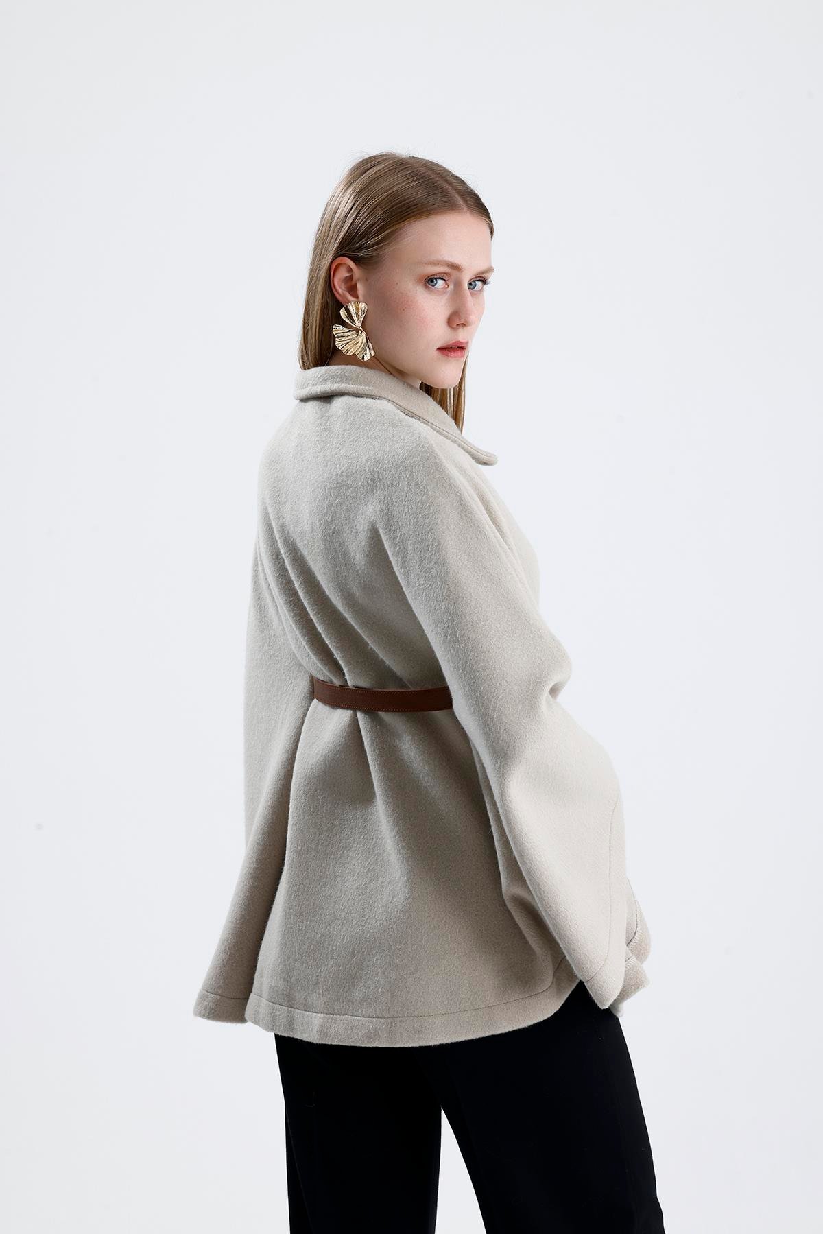 Deri Kemerli Kaşe Panço - Bej