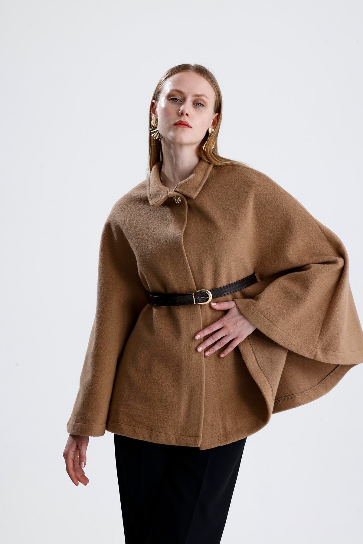 Deri Kemerli Kaşe Panço - Camel