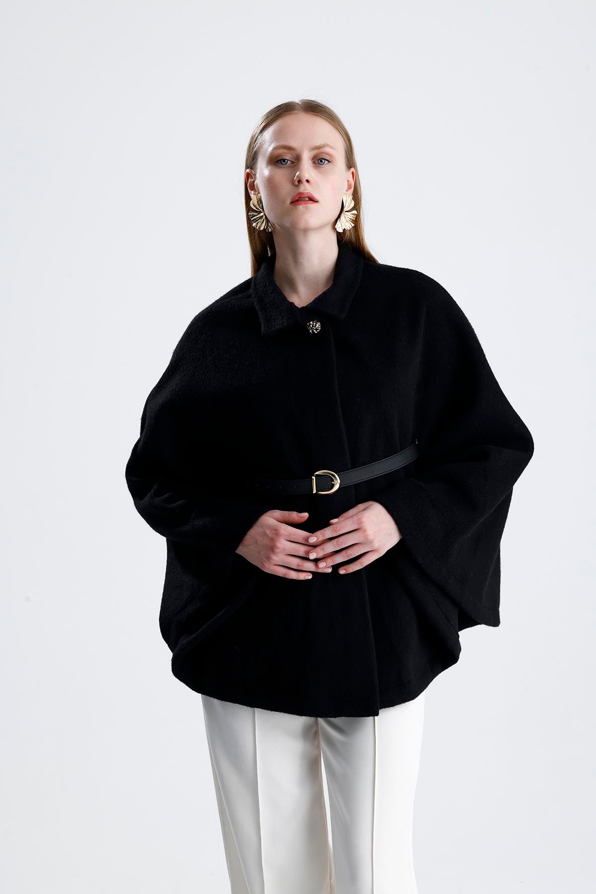 Deri Kemerli Kaşe Panço - Siyah