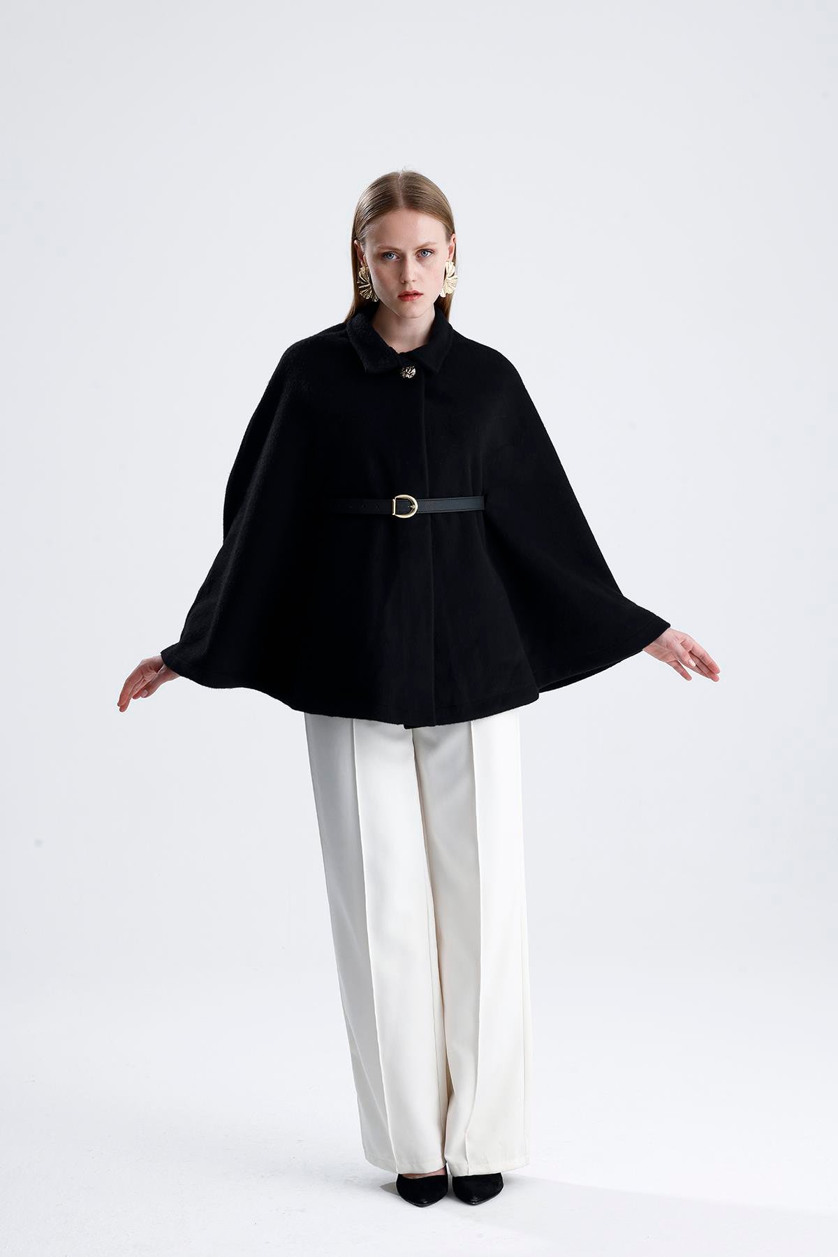 Deri Kemerli Kaşe Panço - Siyah