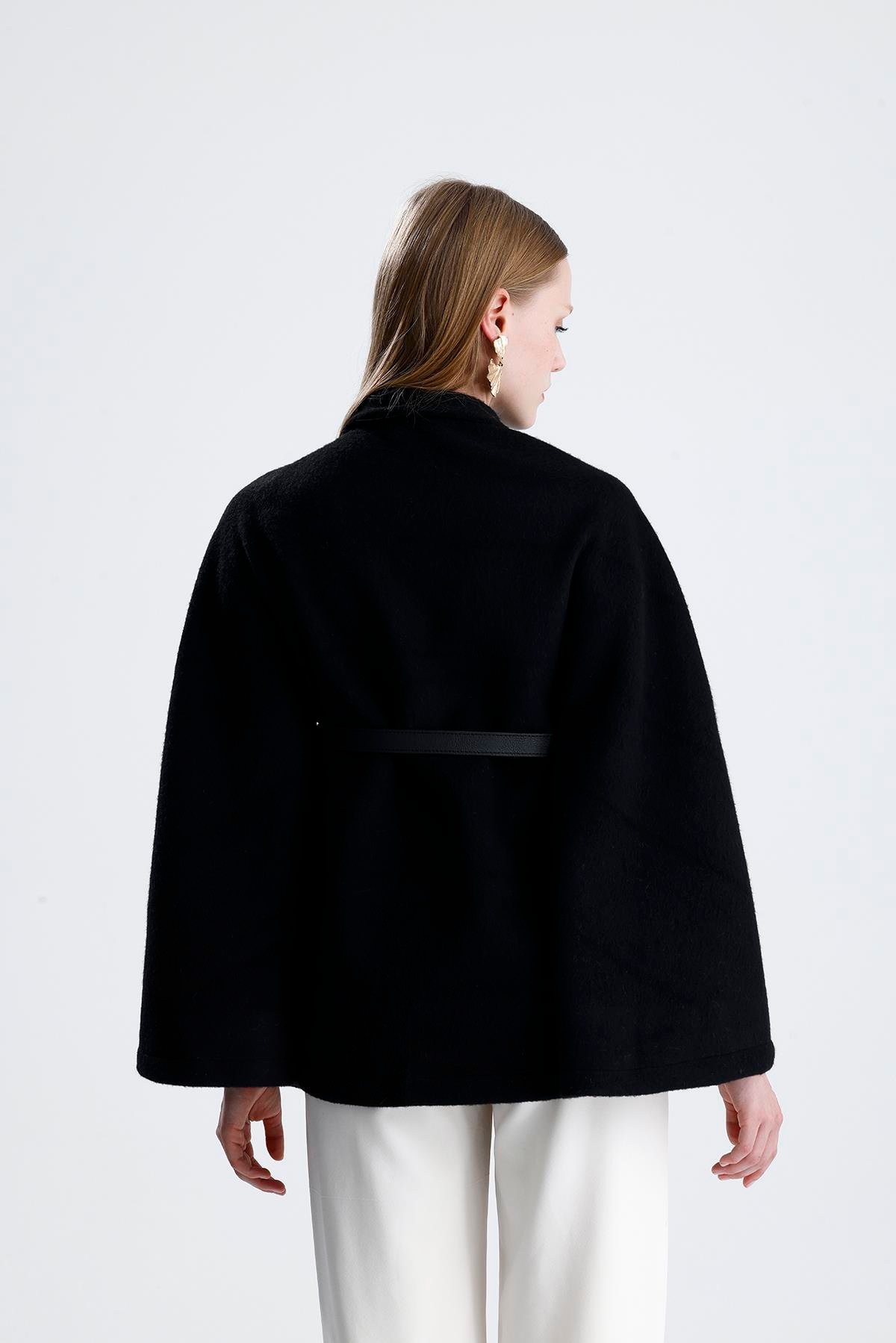 Deri Kemerli Kaşe Panço - Siyah