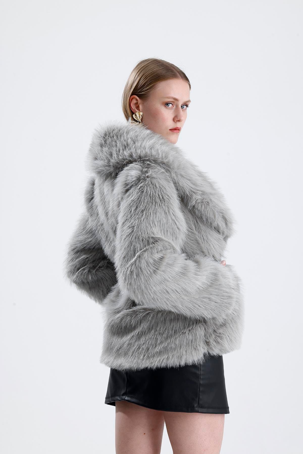 Deri Kemerli Kürk Kaban - Gri