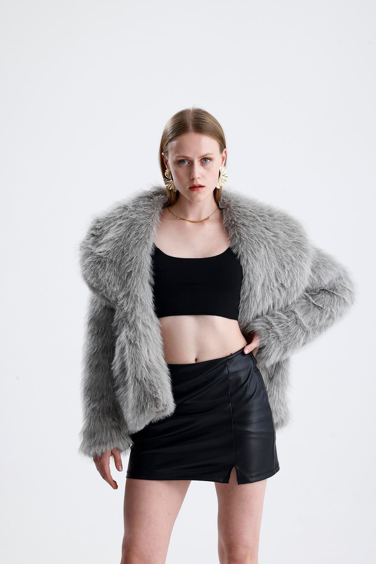 Deri Kemerli Kürk Kaban - Gri