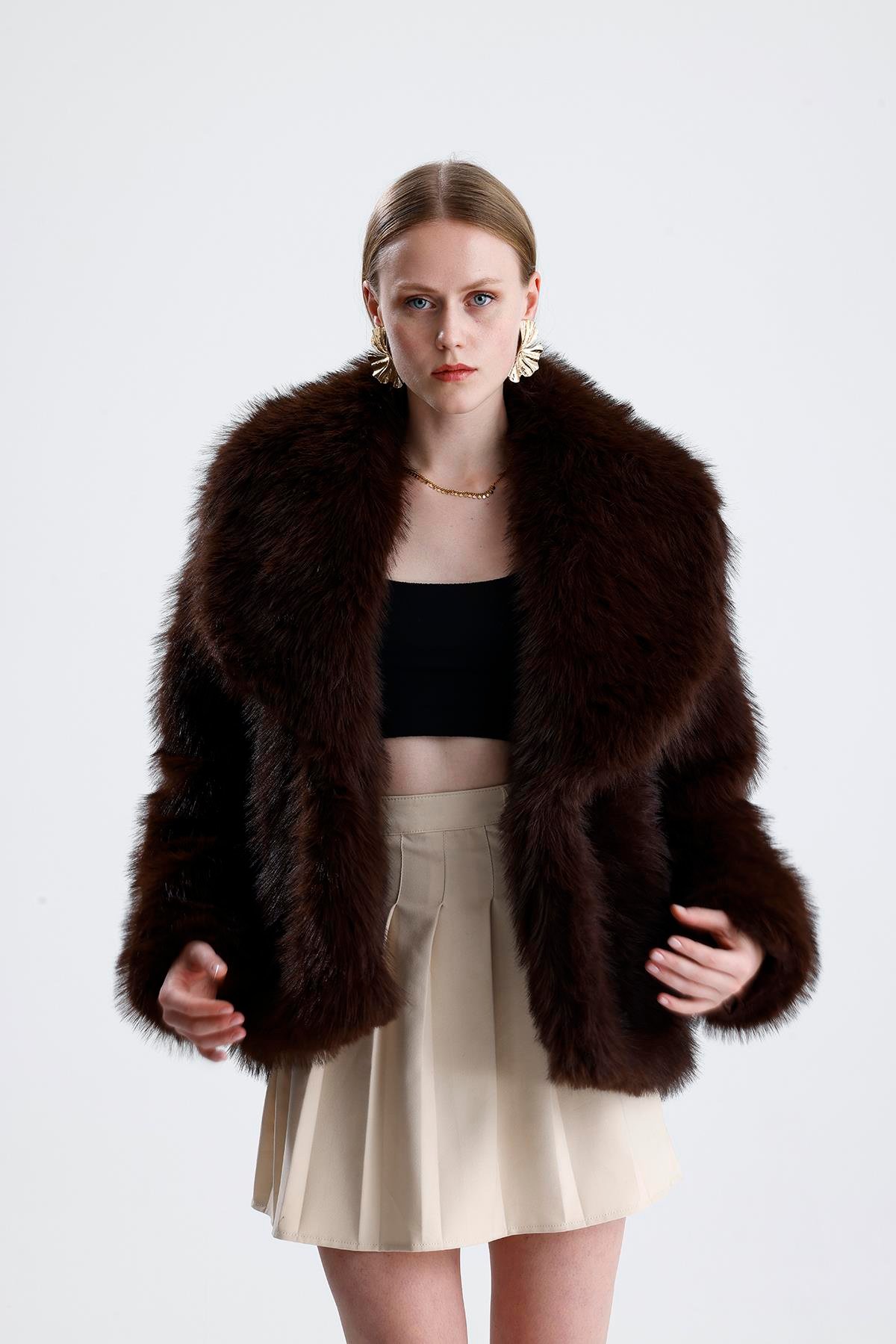 Deri Kemerli Kürk Kaban - Kahverengi