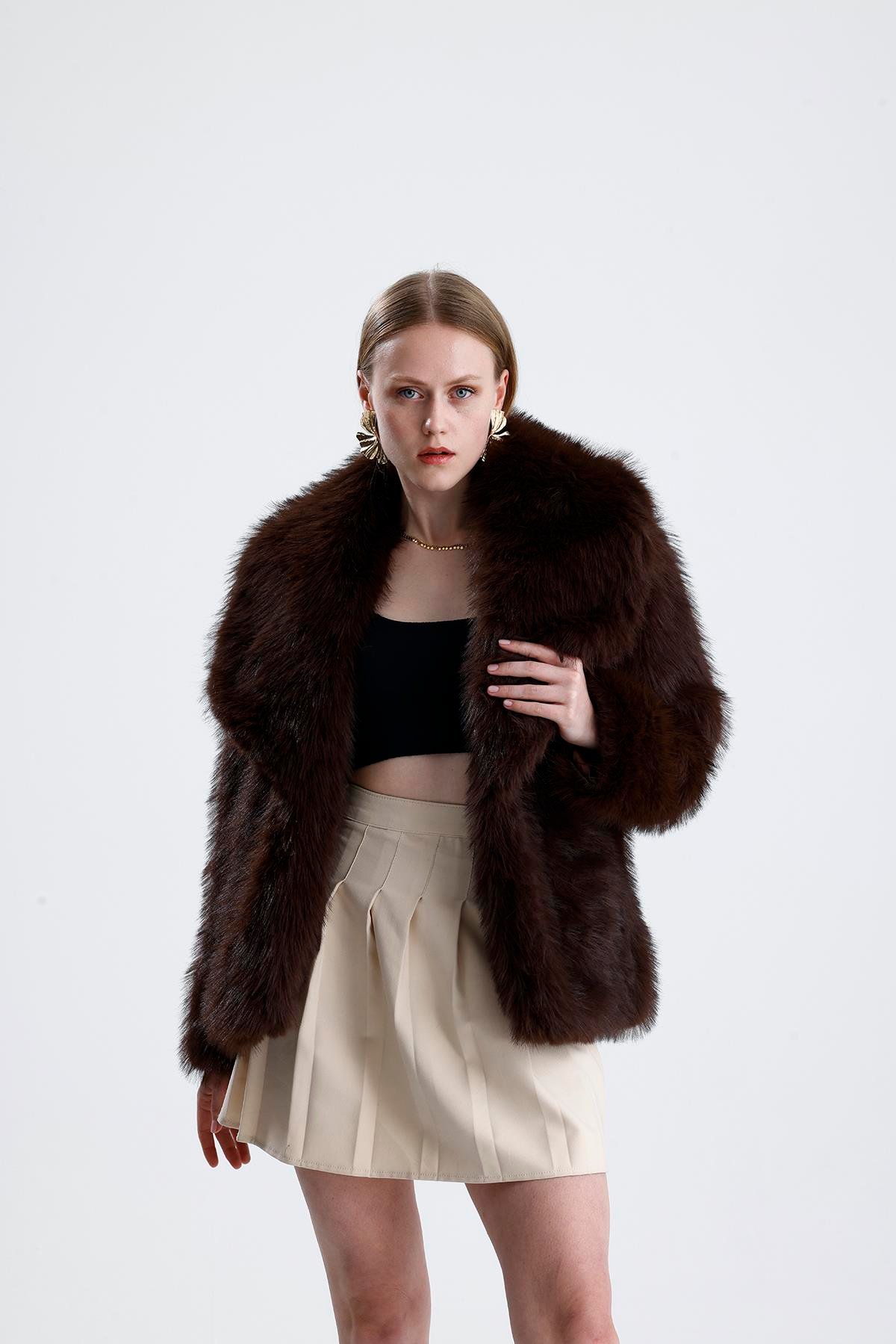 Deri Kemerli Kürk Kaban - Kahverengi