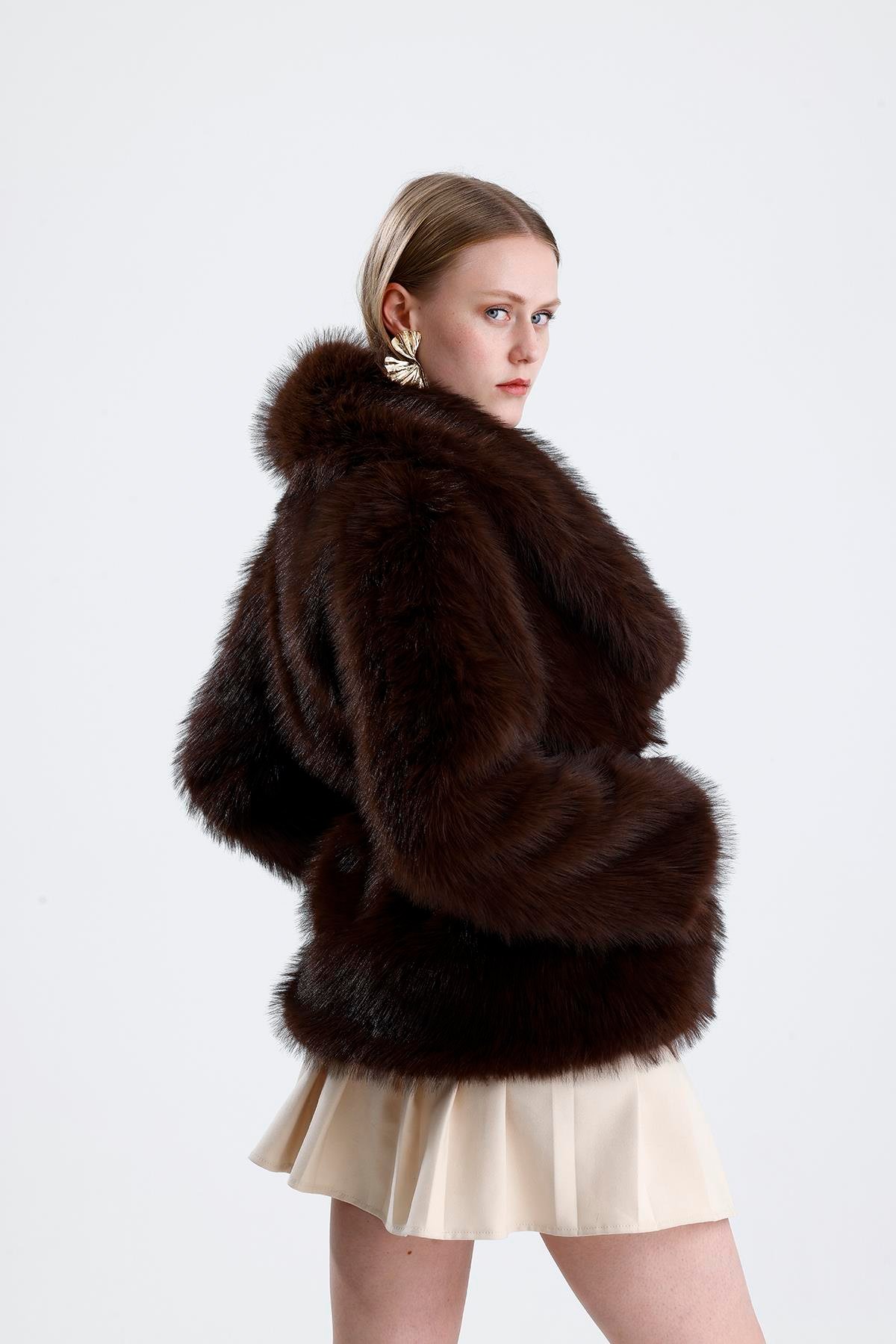 Deri Kemerli Kürk Kaban - Kahverengi