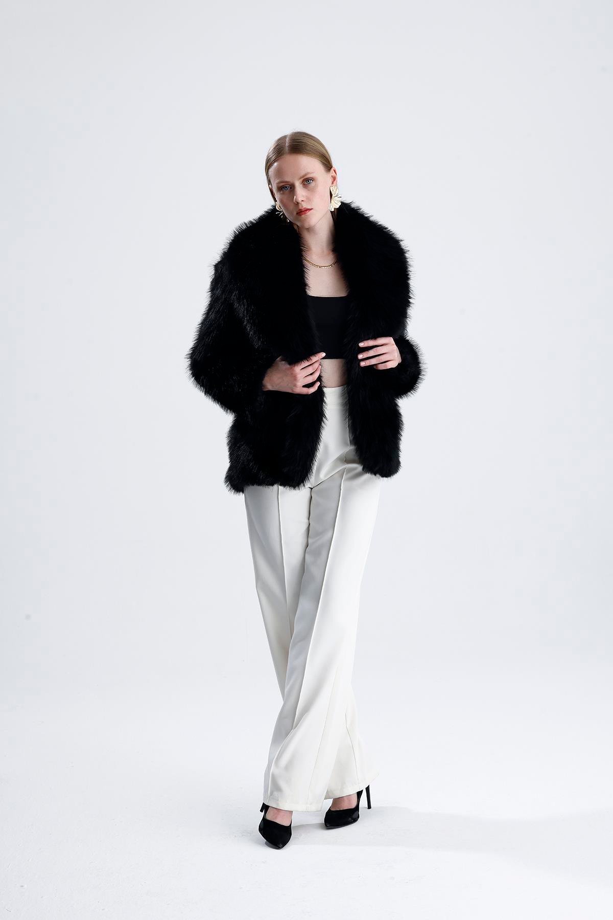 Deri Kemerli Kürk Kaban - Siyah