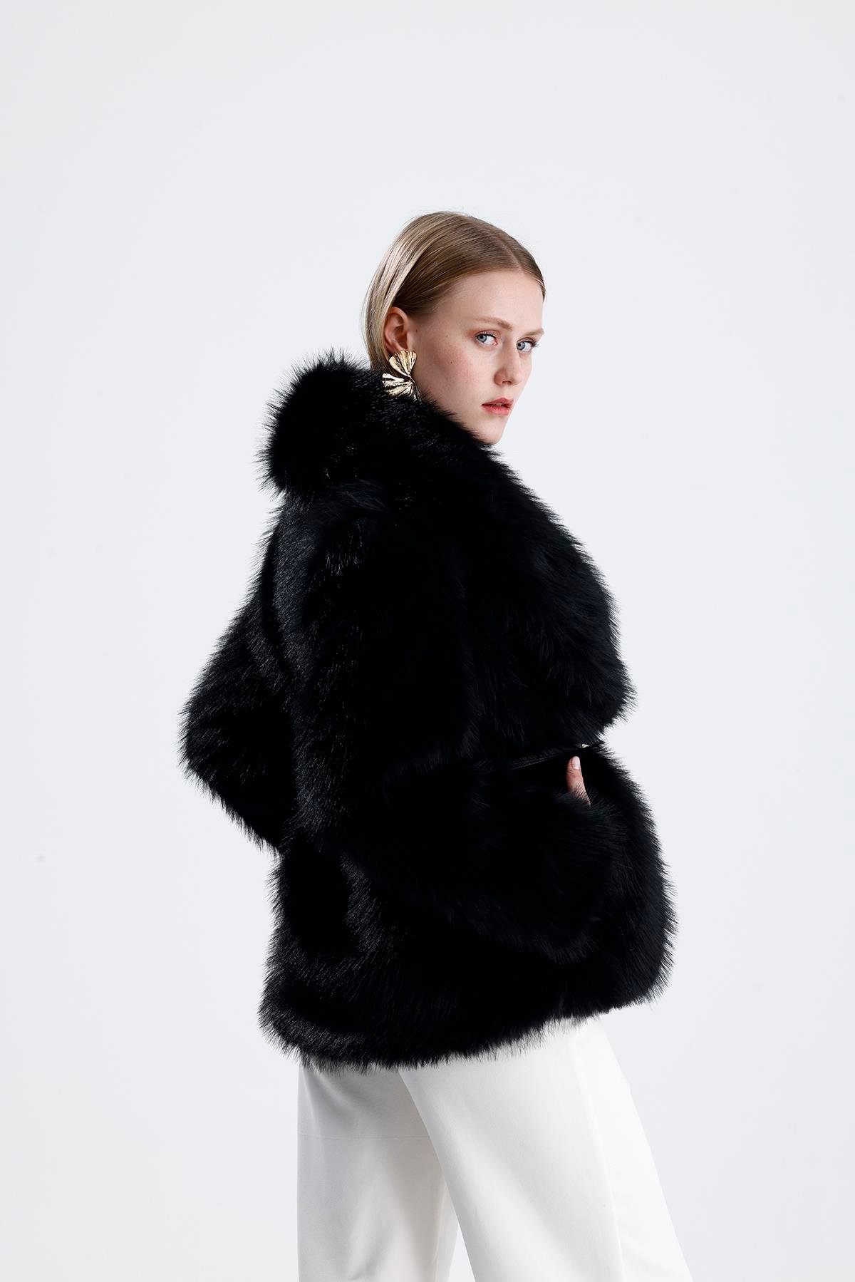 Deri Kemerli Kürk Kaban - Siyah