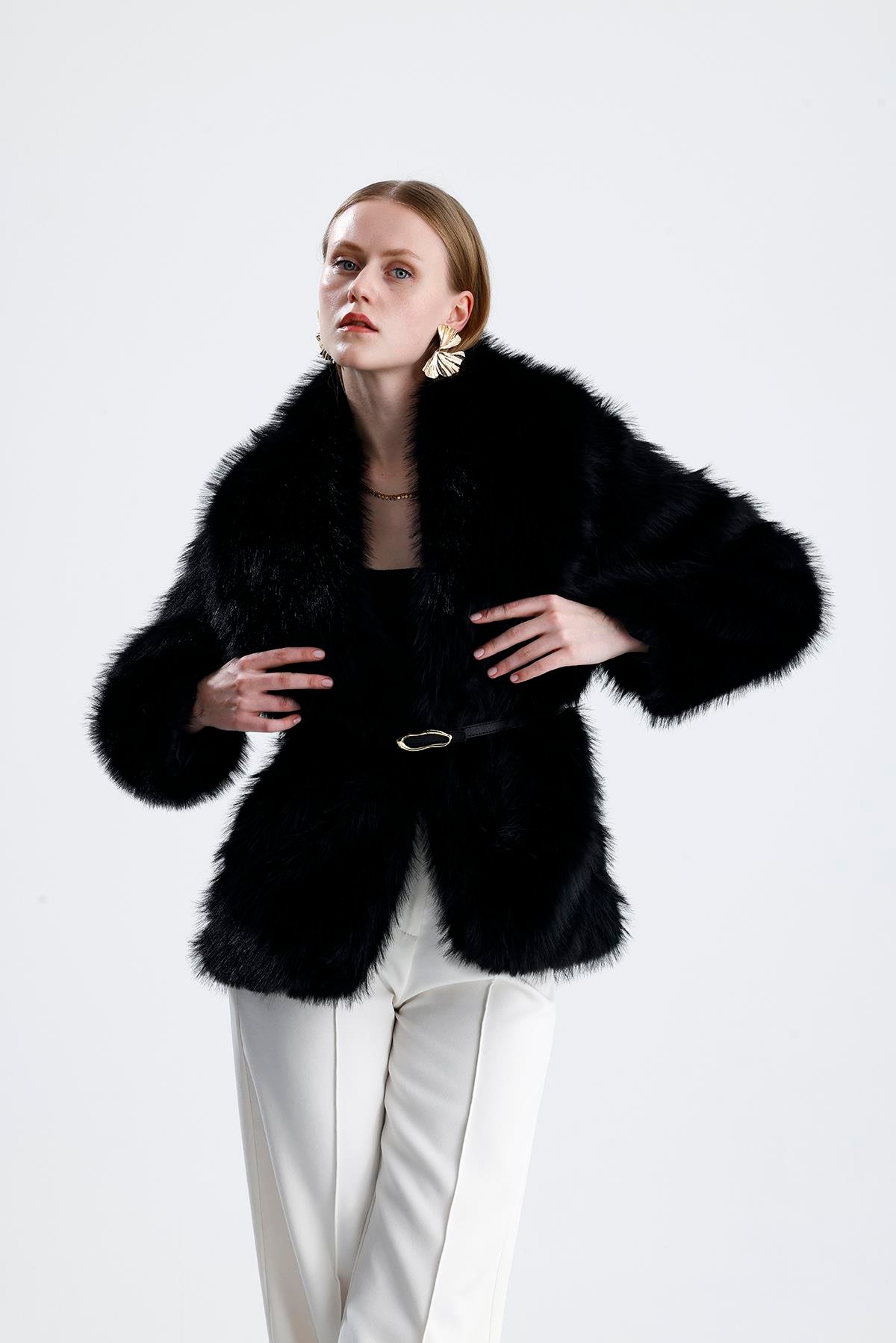 Deri Kemerli Kürk Kaban - Siyah