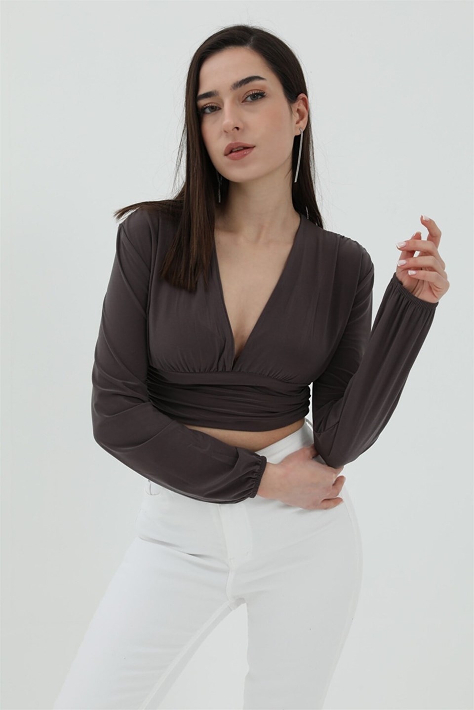Derin V Yaka Crop Bluz - Antrasit