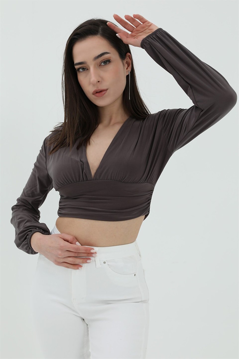 Derin V Yaka Crop Bluz - Antrasit