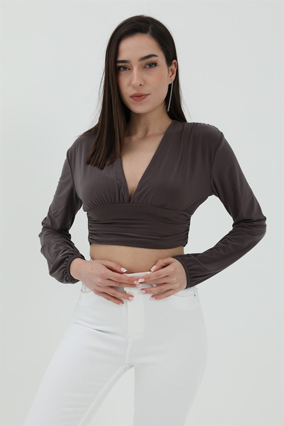 Derin V Yaka Crop Bluz - Antrasit
