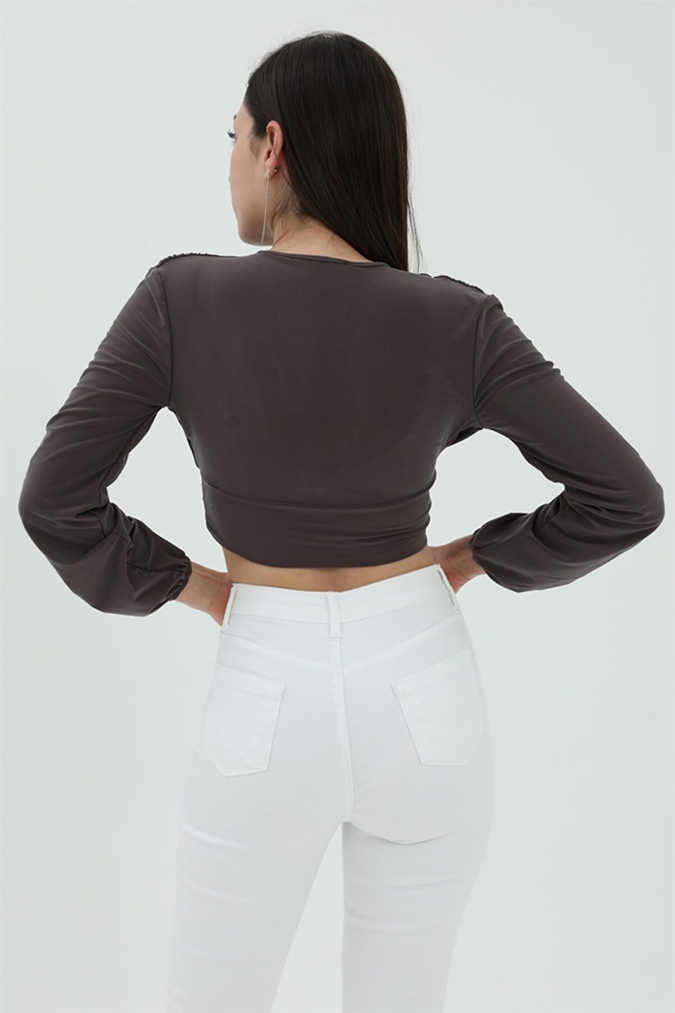 Derin V Yaka Crop Bluz - Antrasit