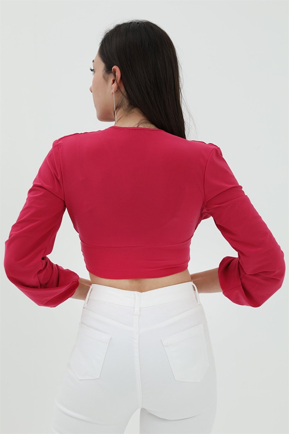 Derin V Yaka Crop Bluz - Fuşya