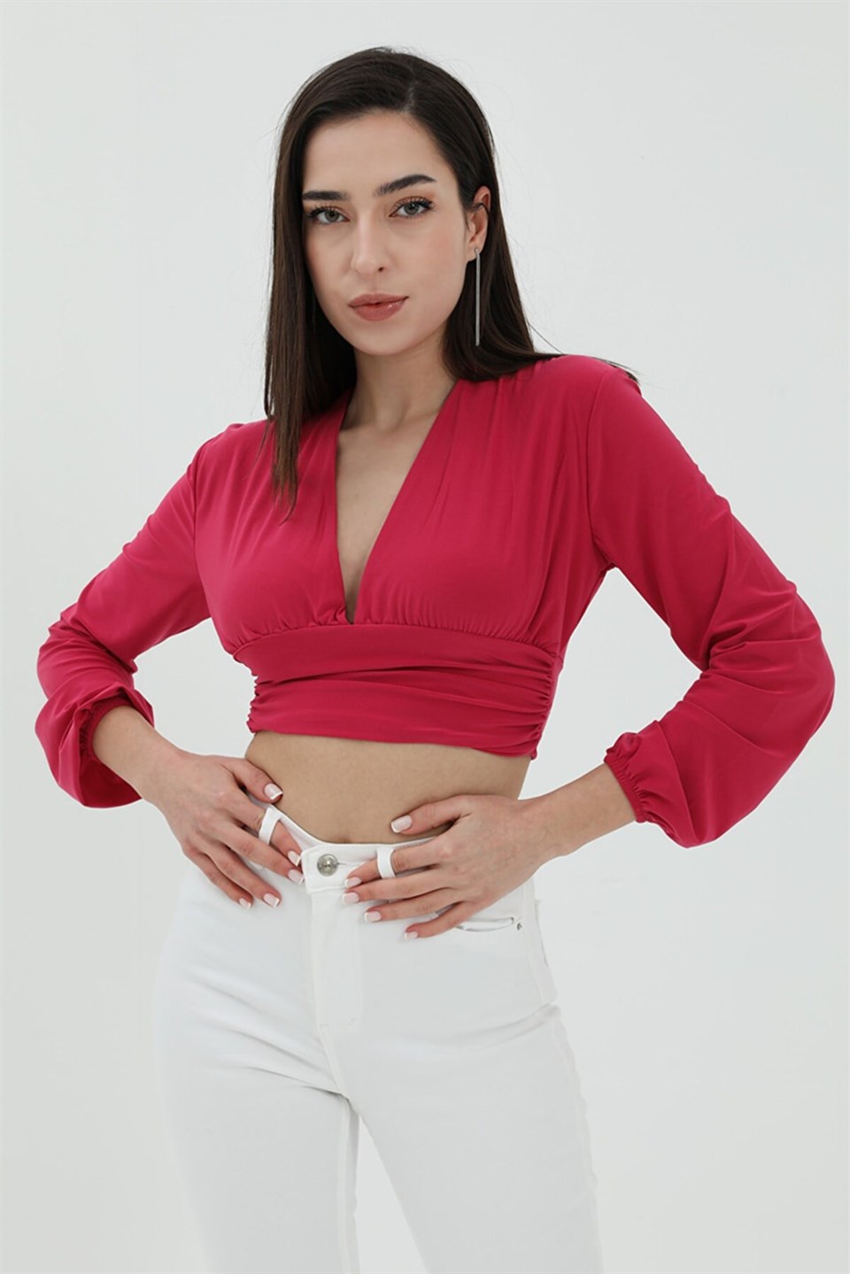 Derin V Yaka Crop Bluz - Fuşya