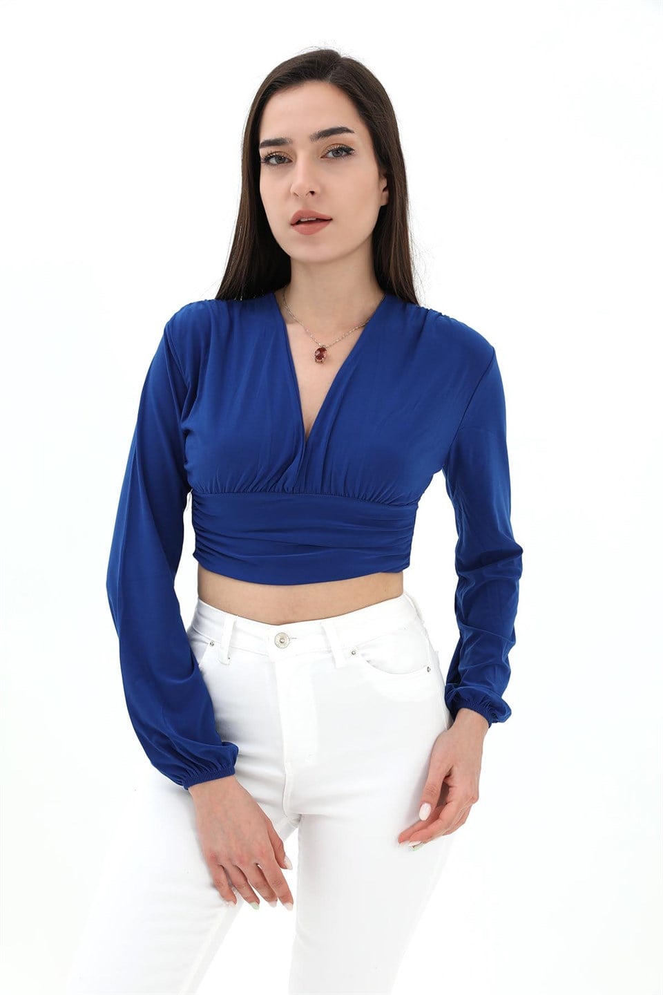 Derin V Yaka Crop Bluz - İndigo