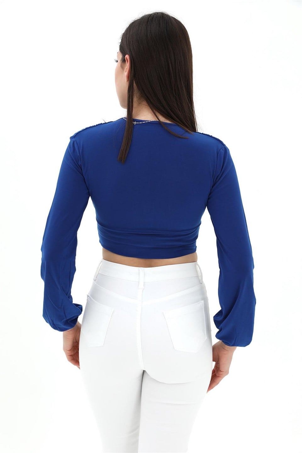 Derin V Yaka Crop Bluz - İndigo