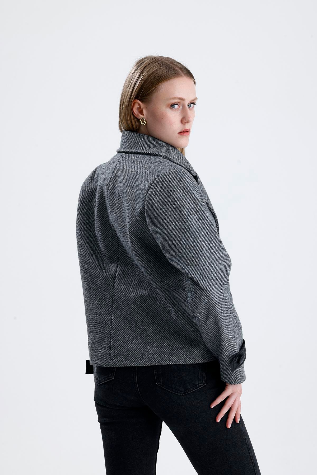 Diyagonal Kruvaze Kaşe Ceket Deri Detaylı - Gri