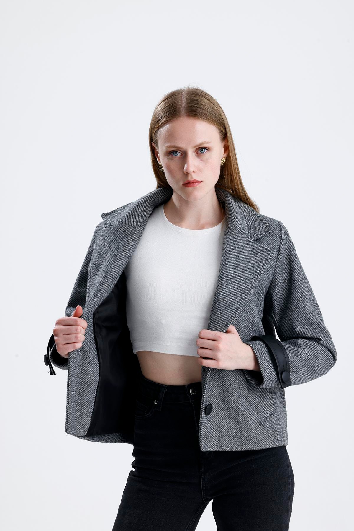 Diyagonal Kruvaze Kaşe Ceket Deri Detaylı - Gri