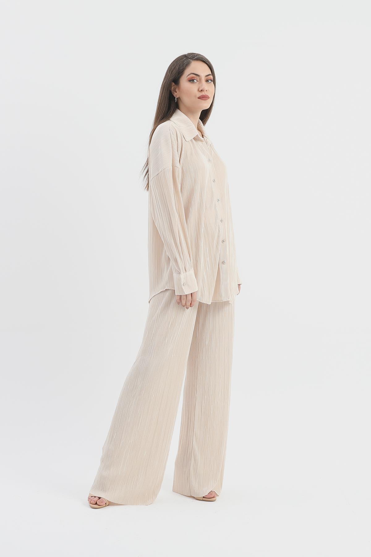 Düğme Detaylı Örme Pilise Takım - Bej