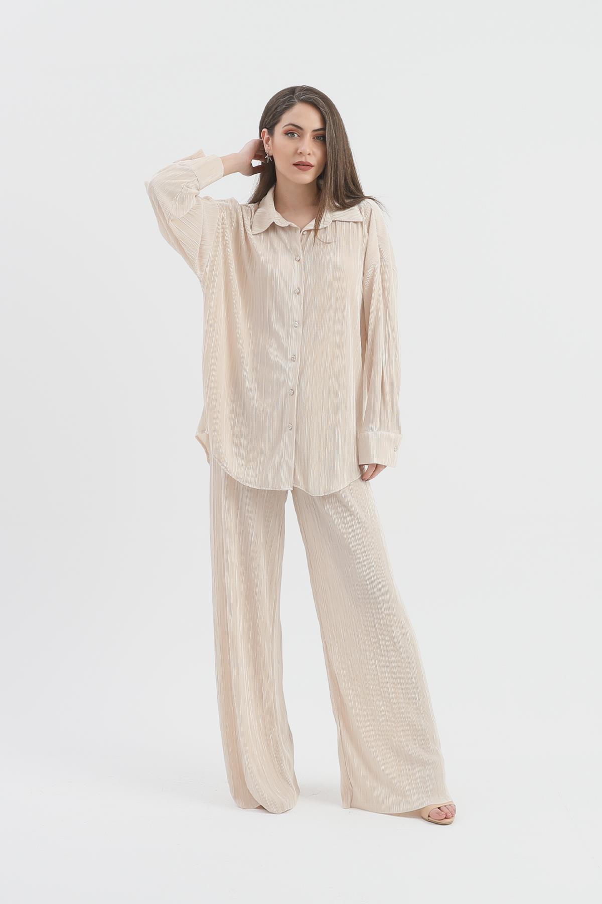 Düğme Detaylı Örme Pilise Takım - Bej