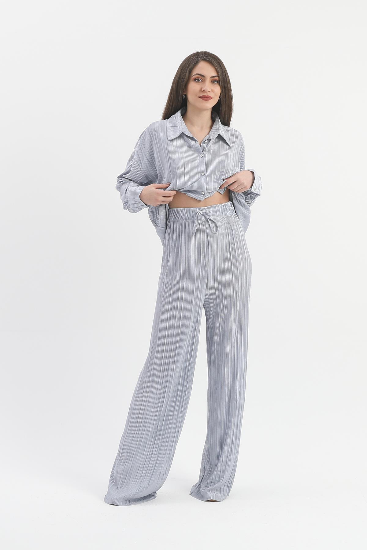 Düğme Detaylı Örme Pilise Takım - Gri