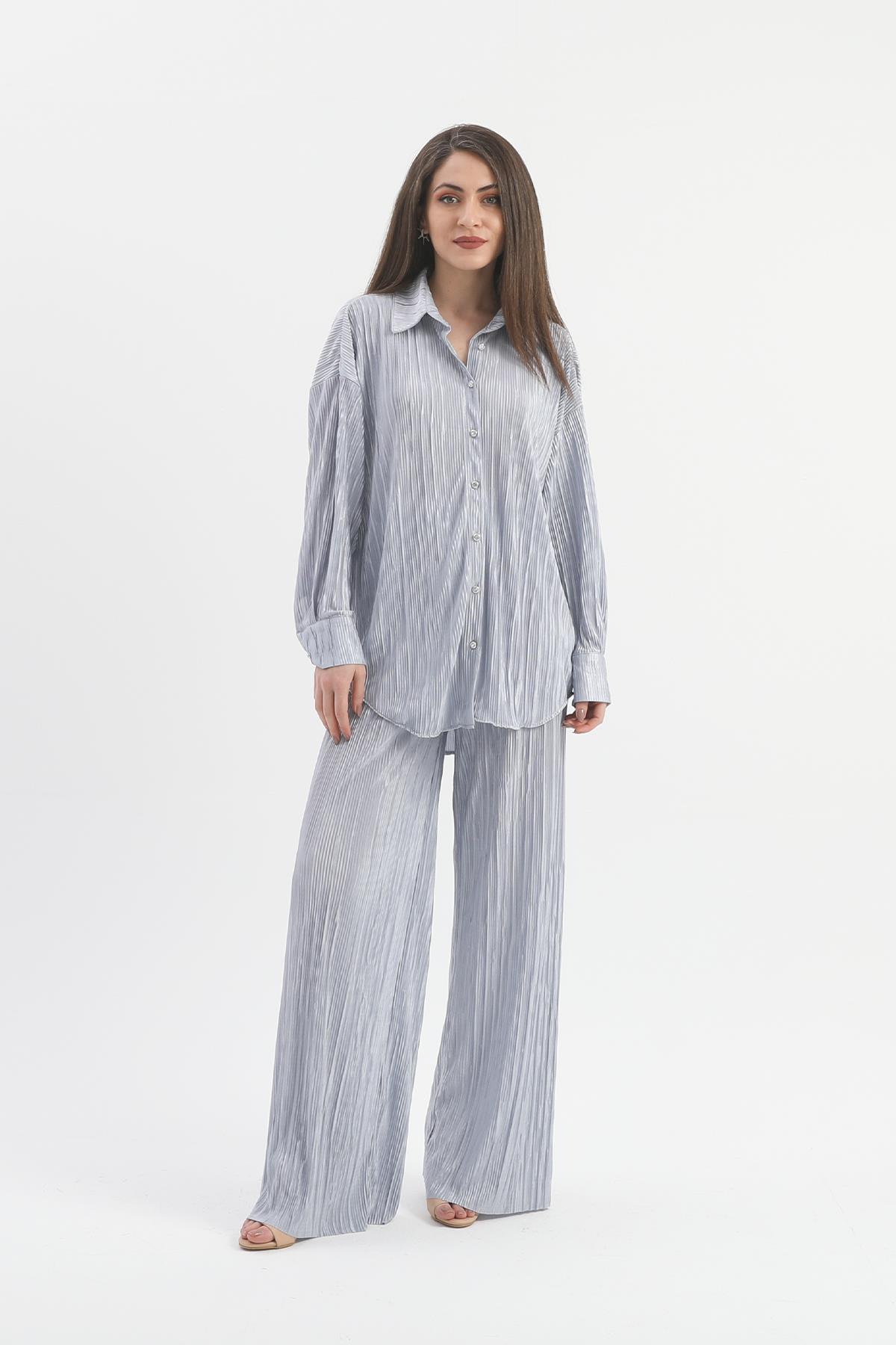 Düğme Detaylı Örme Pilise Takım - Gri