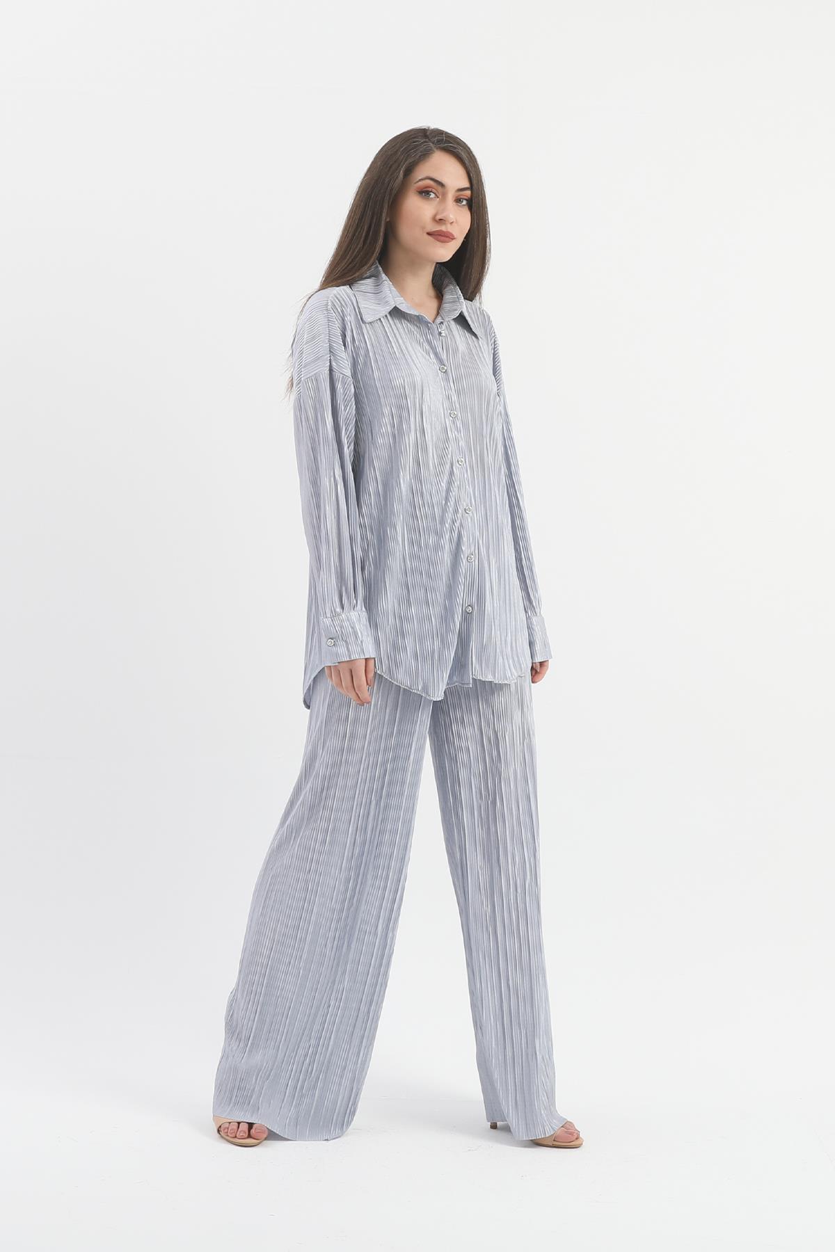 Düğme Detaylı Örme Pilise Takım - Gri