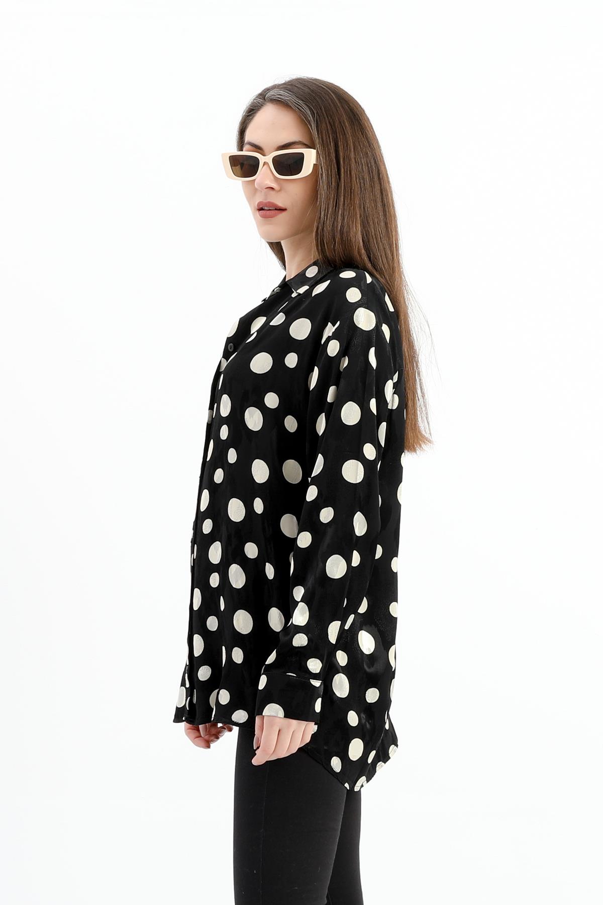 Düşük Kol Puantiye Desen Saten Gömlek - Siyah-Ekru
