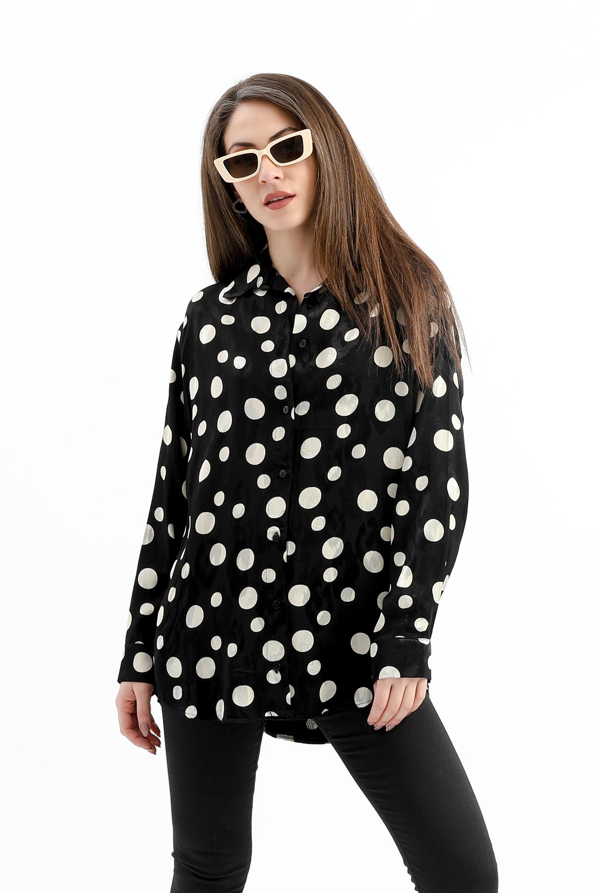 Düşük Kol Puantiye Desen Saten Gömlek - Siyah-Ekru