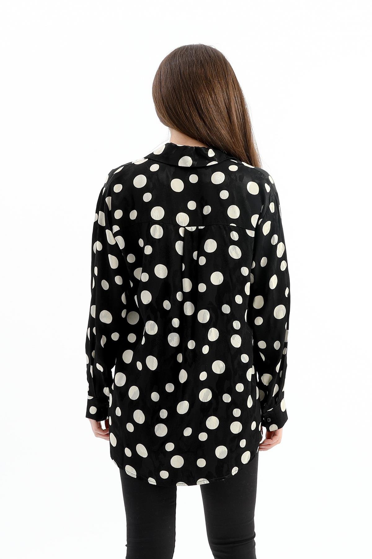 Düşük Kol Puantiye Desen Saten Gömlek - Siyah-Ekru