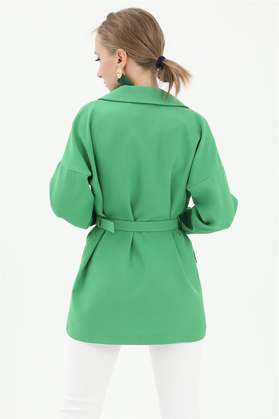 Düşük Omuz Kemerli Atlas Kumaş Blazer Ceket - Yeşil