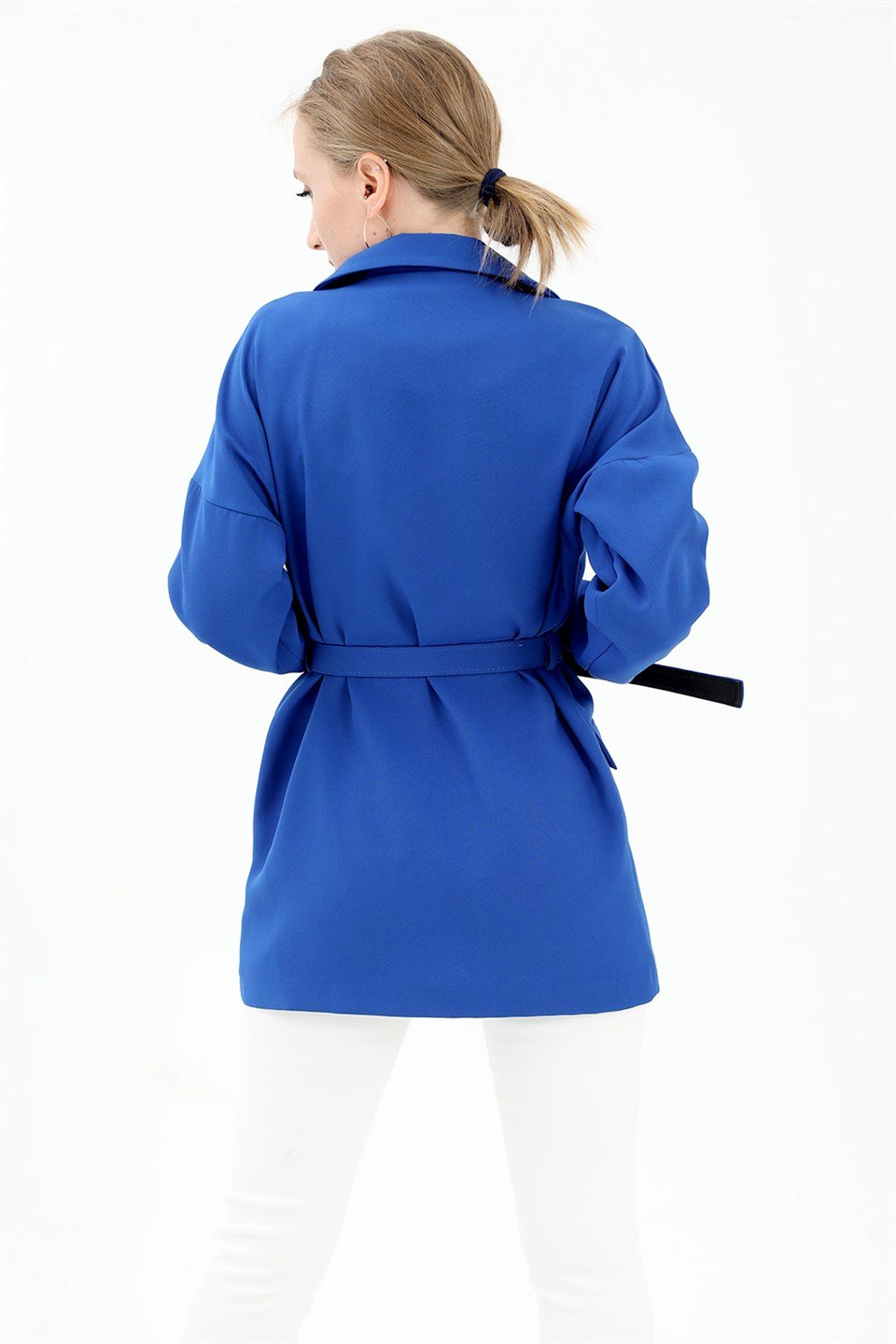 Düşük Omuz Kemerli Atlas Kumaş Blazer Ceket - SaksMavisi