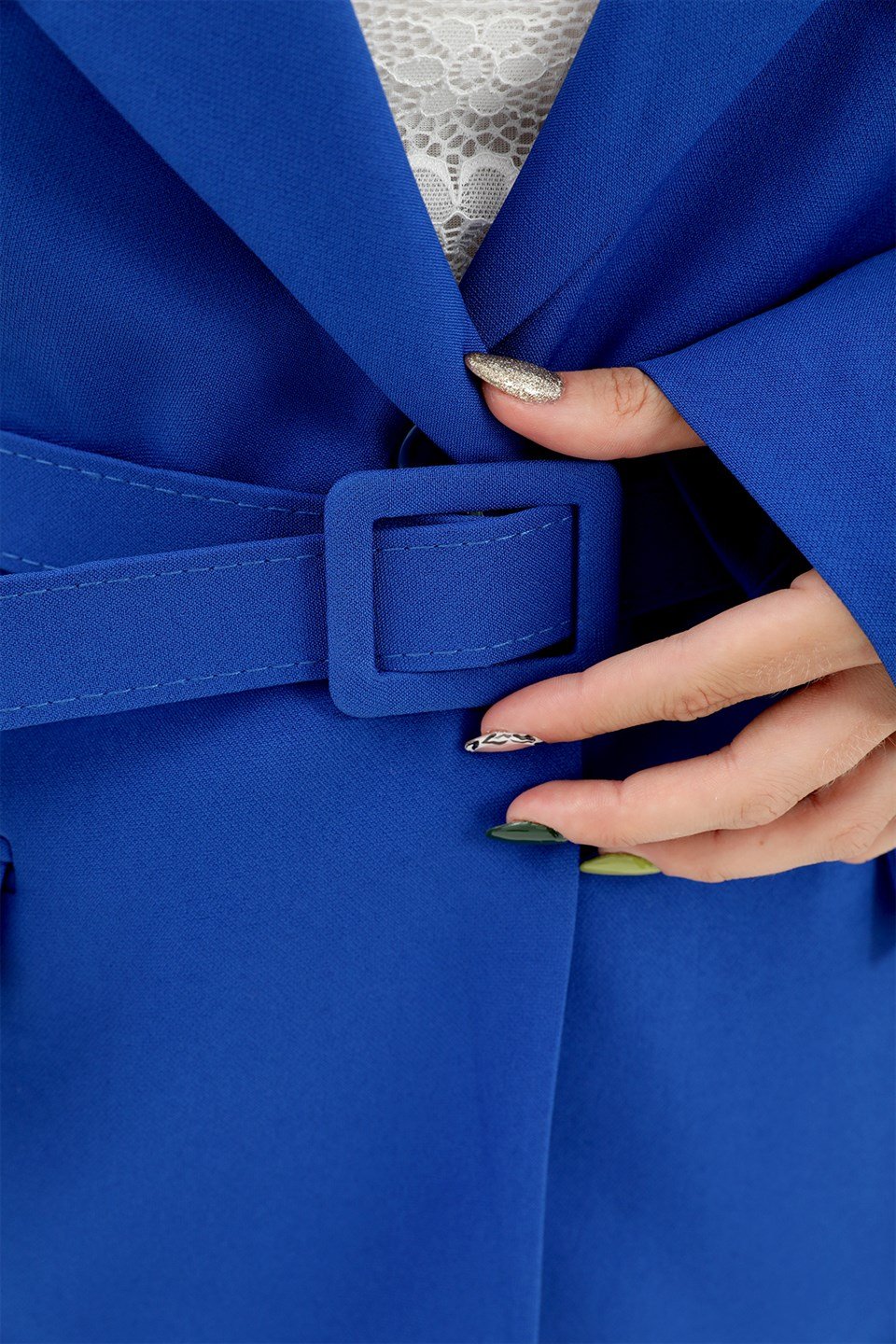 Düşük Omuz Kemerli Atlas Kumaş Blazer Ceket - SaksMavisi