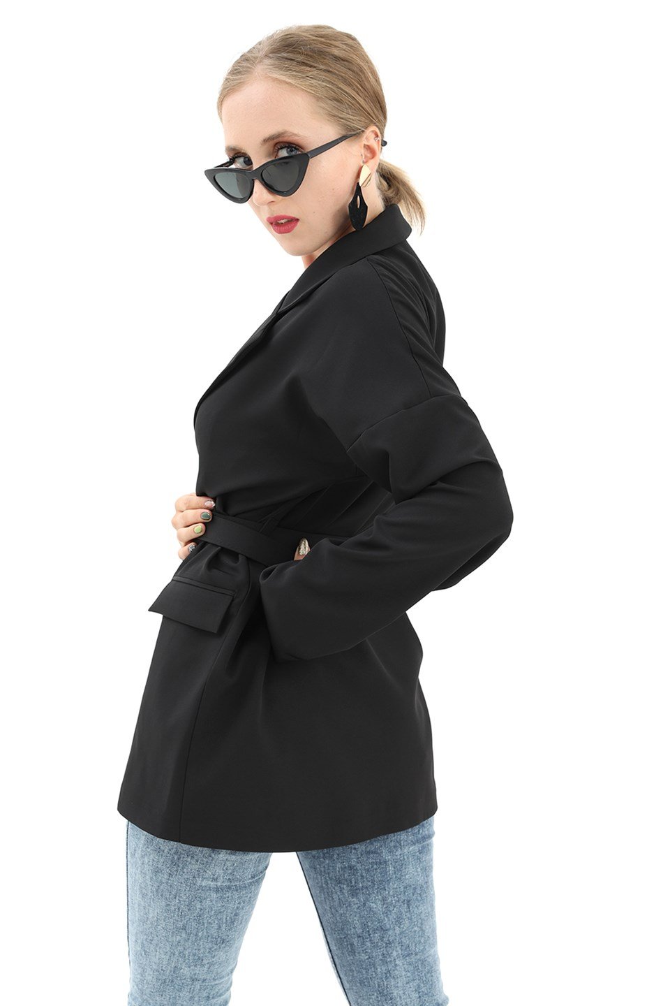 Düşük Omuz Kemerli Atlas Kumaş Blazer Ceket - Siyah