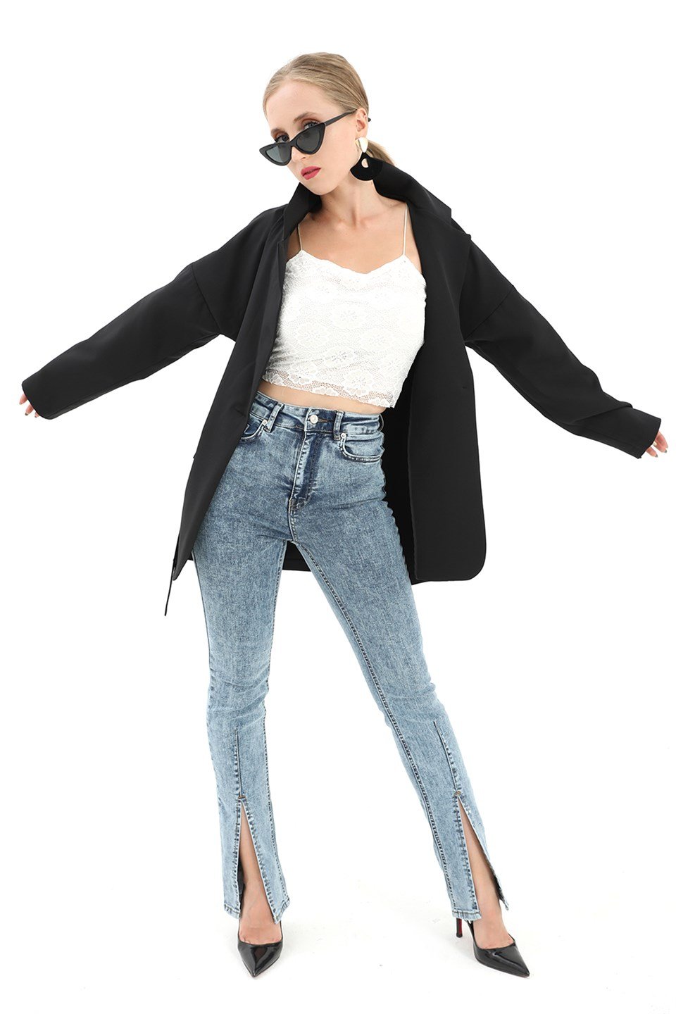 Düşük Omuz Kemerli Atlas Kumaş Blazer Ceket - Siyah