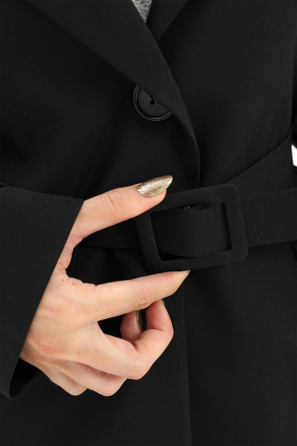 Düşük Omuz Kemerli Atlas Kumaş Blazer Ceket - Siyah