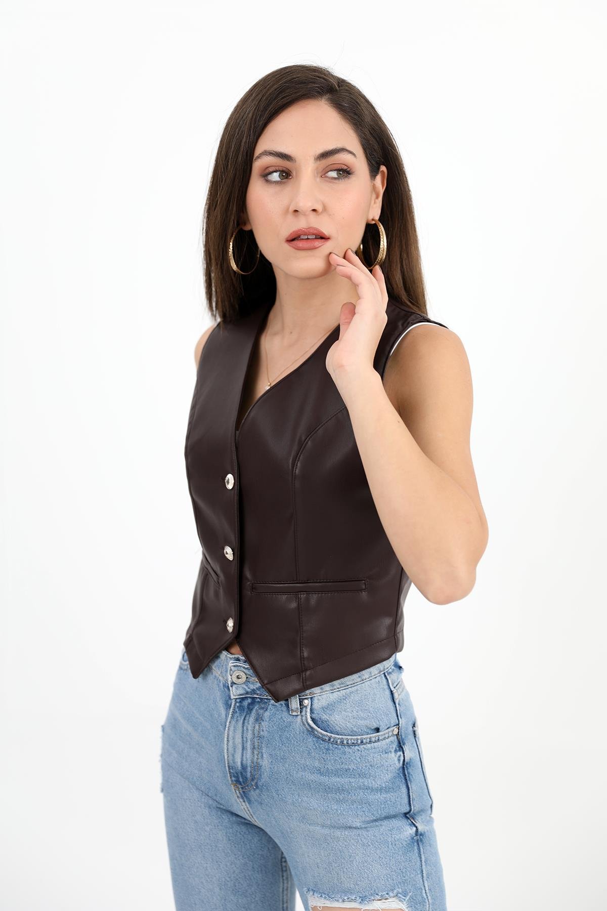 Fleto Cepli Deri Yelek - Kahve