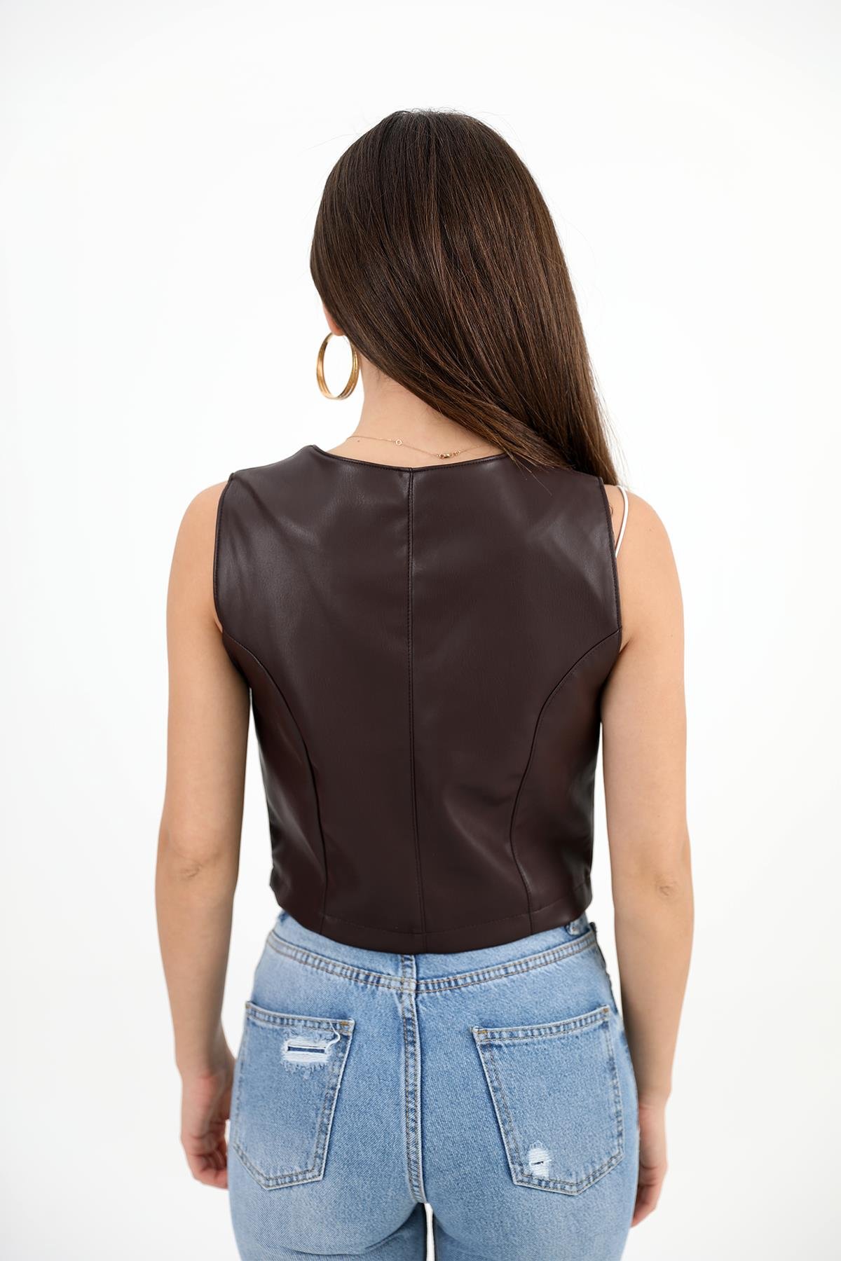 Fleto Cepli Deri Yelek - Kahve