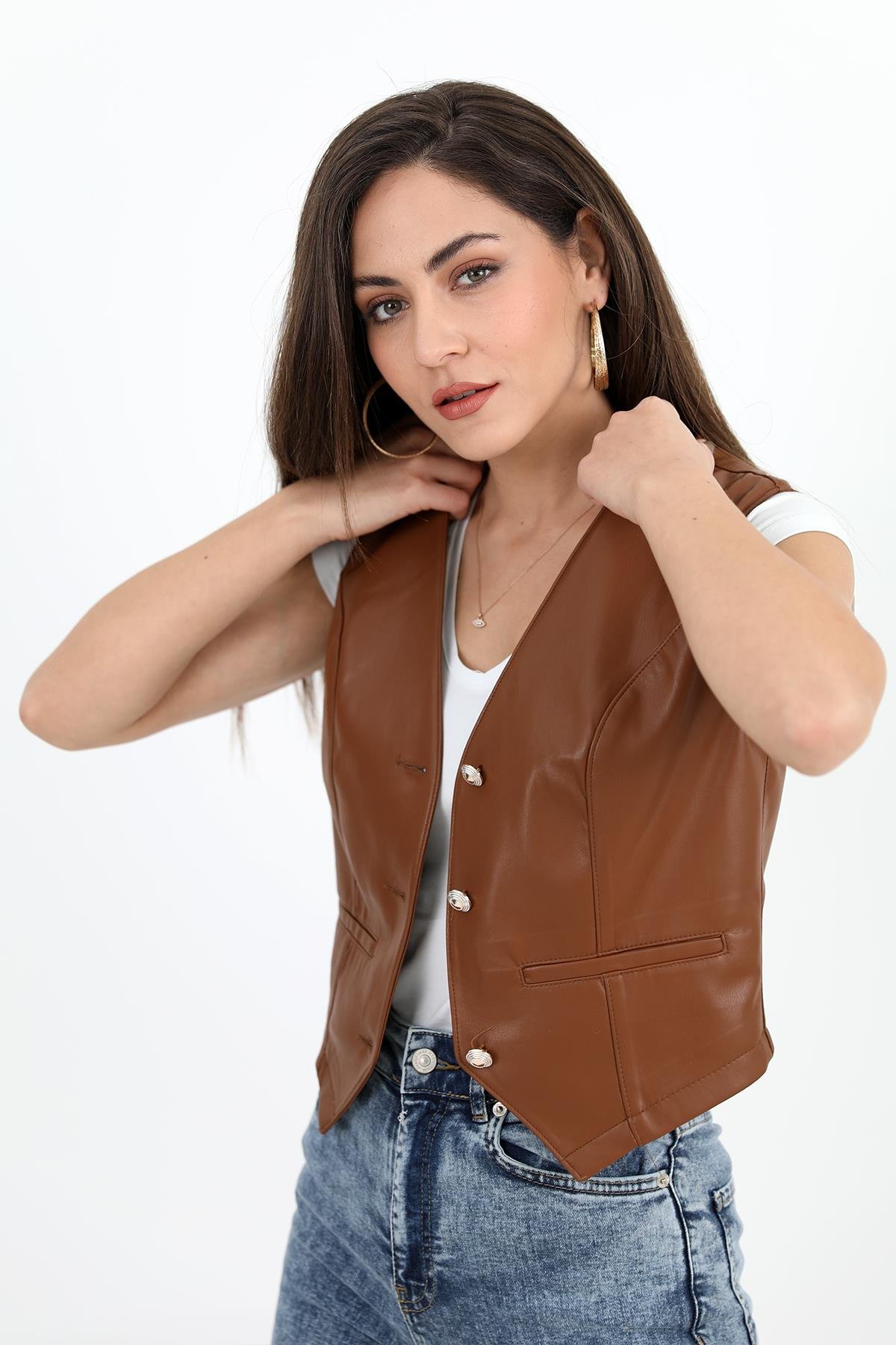 Fleto Cepli Deri Yelek - Taba